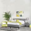 Alice Bed in Grey Fabric with Crescent Nightstands and Green Mission Chair