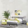 Alice Bed in Grey Fabric with Crescent Nightstands and Green Mission Chair