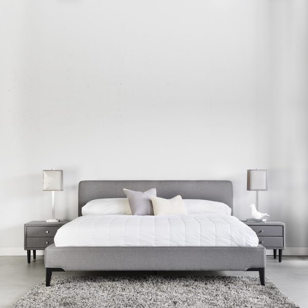 Alice Bed in Grey Fabric with Crescent Nightstands