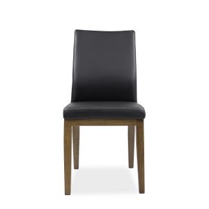 Lena Dining Chair in Black Leather, Walnut Legs, Front
