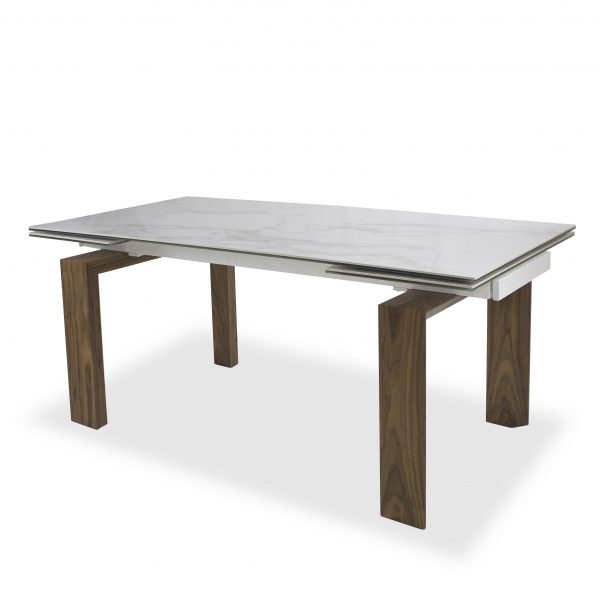 Potrero Dining Table with White Ceramic Top and Walnut Legs, Angle