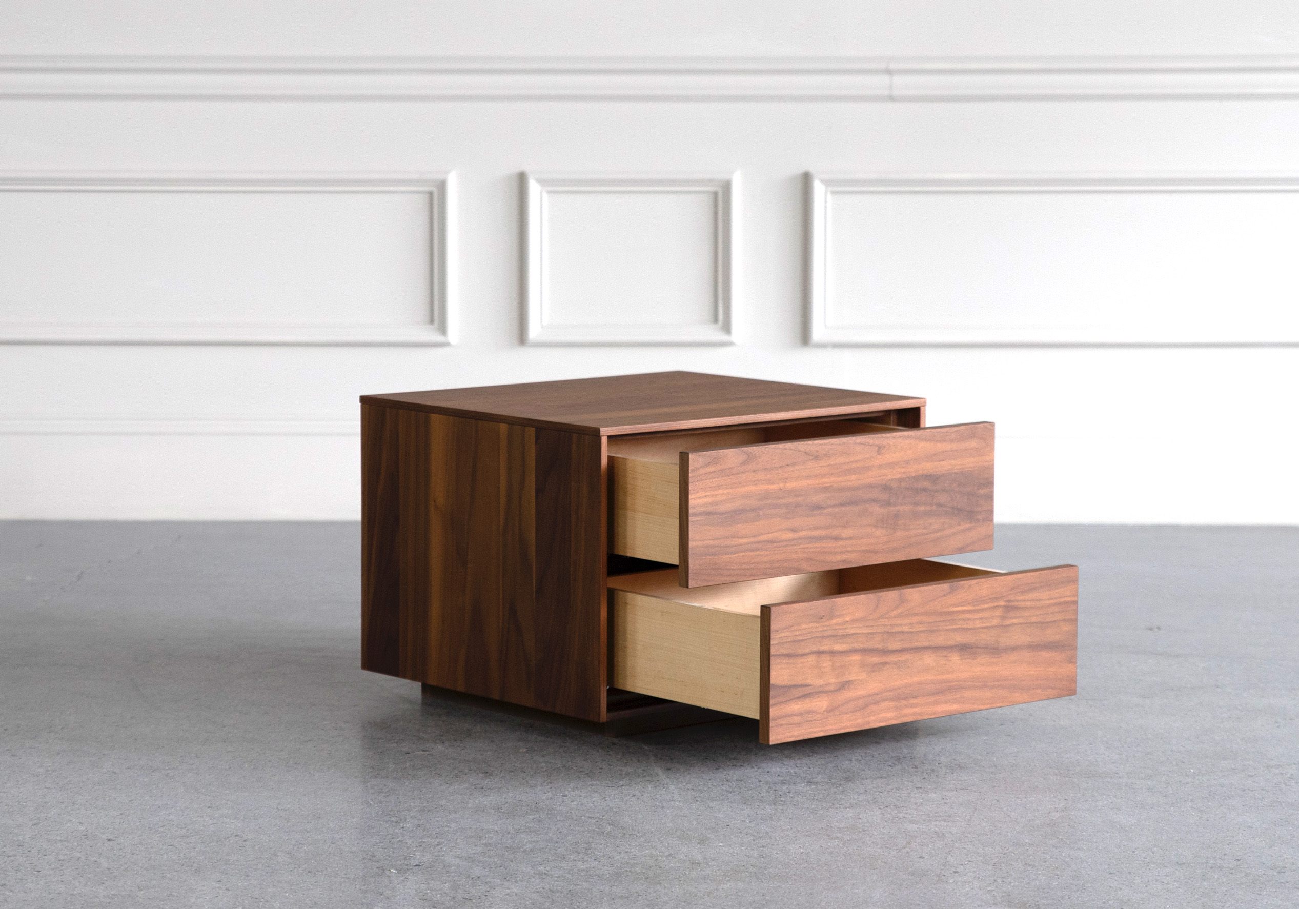 Azura Nightstand Smoked Walnut Angle Drawers Open Azura Nightstand Smoked Walnut Angle Drawers Open
