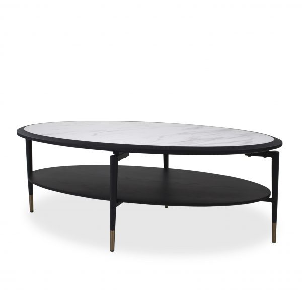Caleb Oval Coffee Table in Wenge and White Ceramic, Angle
