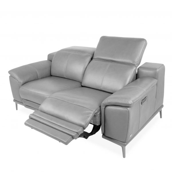 Camilla Loveseat in New Club Silver Grey Leather, Reclined, Angle