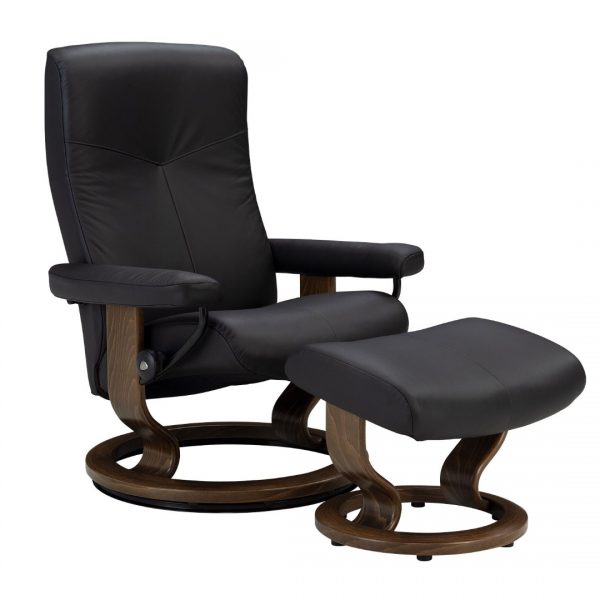 Stressless Dover Classic Recliner and Ottoman in Paloma Black Leather with a New Walnut Wood Base