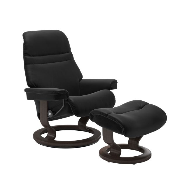 Stressless Sunrise Classic Recliner and Ottoman in Paloma Black with a Wenge Base