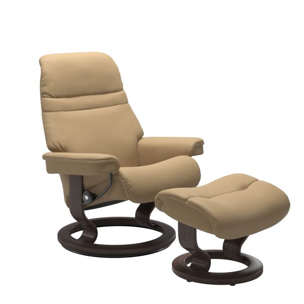 Stressless Sunrise Classic Recliner and Ottoman in Paloma Sand with a Wenge Base