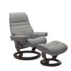 Stressless Sunrise Classic Recliner and Ottoman in Paloma Silver Grey with a Wenge Base