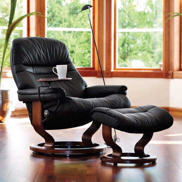 Stressless Sunrise Classic Recliner and Ottoman in Paloma Black with a Walnut Base and Swing Table