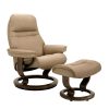 Stressless Sunrise Classic Recliner and Ottoman in Paloma Sand with a New Walnut Base