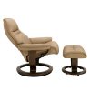 Stressless Sunrise Classic Recliner and Ottoman in Paloma Sand with a New Walnut Base, Side Reclined View
