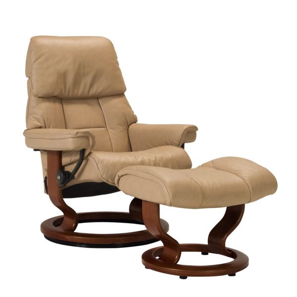 Stressless Ruby Classic Recliner and Ottoman in Paloma Sand with a Walnut Wood Base