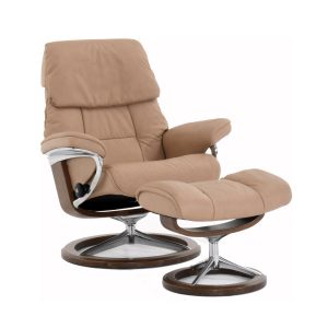 Stressless Ruby Signature Recliner and Ottoman in Paloma Sand with a New Walnut Base