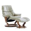 Stressless Ruby Classic Recliner and Ottoman in Light Grey Leather with a Teak Wood Base