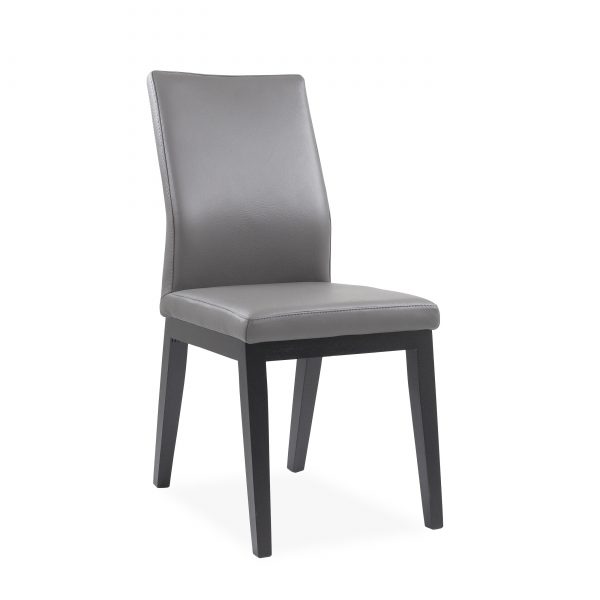 Lena Dining Chair in Grey Leather, Black Legs, Angle