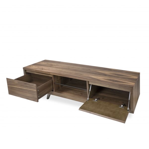 Leon TV Unit in Walnut with Wood Legs, Angle, Open