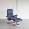 Admiral Signature Leather Recliner in Oxford Blue with a Oak Base