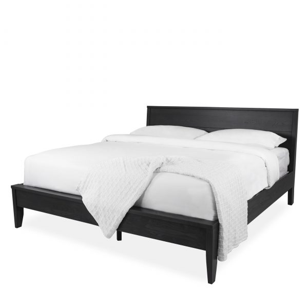 Calvin Bed in Obsidian, Front with Tall Mattress and Sheets on Angle