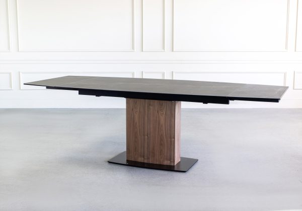 Orca Dining Table in Charcoal, Ceramic, Walnut, Angle, Extended