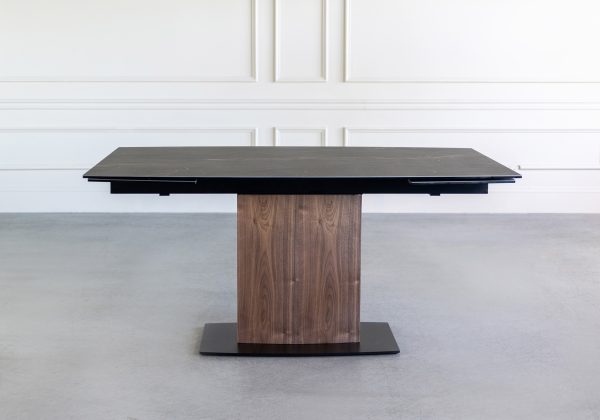 Orca Dining Table in Charcoal, Ceramic, Walnut-Front