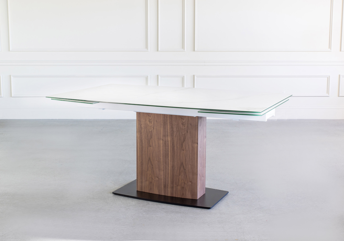 Orca Dining Table White Ceramic Walnut Angle