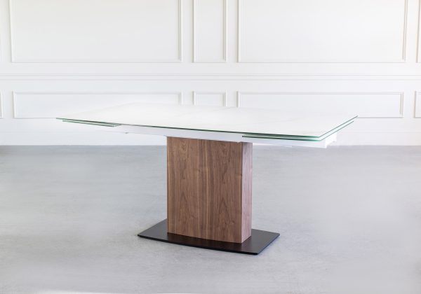 Orca Dining Table in White Ceramic, Walnut, Angle