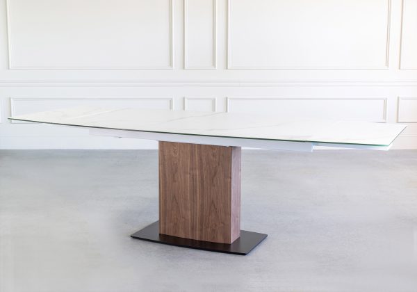 Orca Dining Table in White Ceramic, Walnut, Angle, Extended