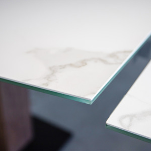 Orca Dining Table White Ceramic Walnut Close Up Orca Dining Table White Ceramic Walnut Close Up