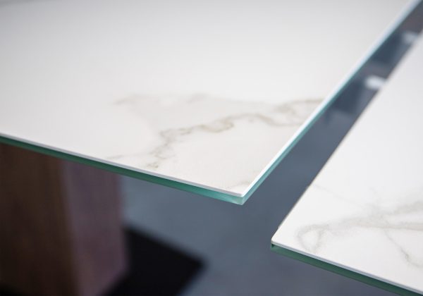 Orca-Dining Table in White Ceramic, Walnut, Close-Up