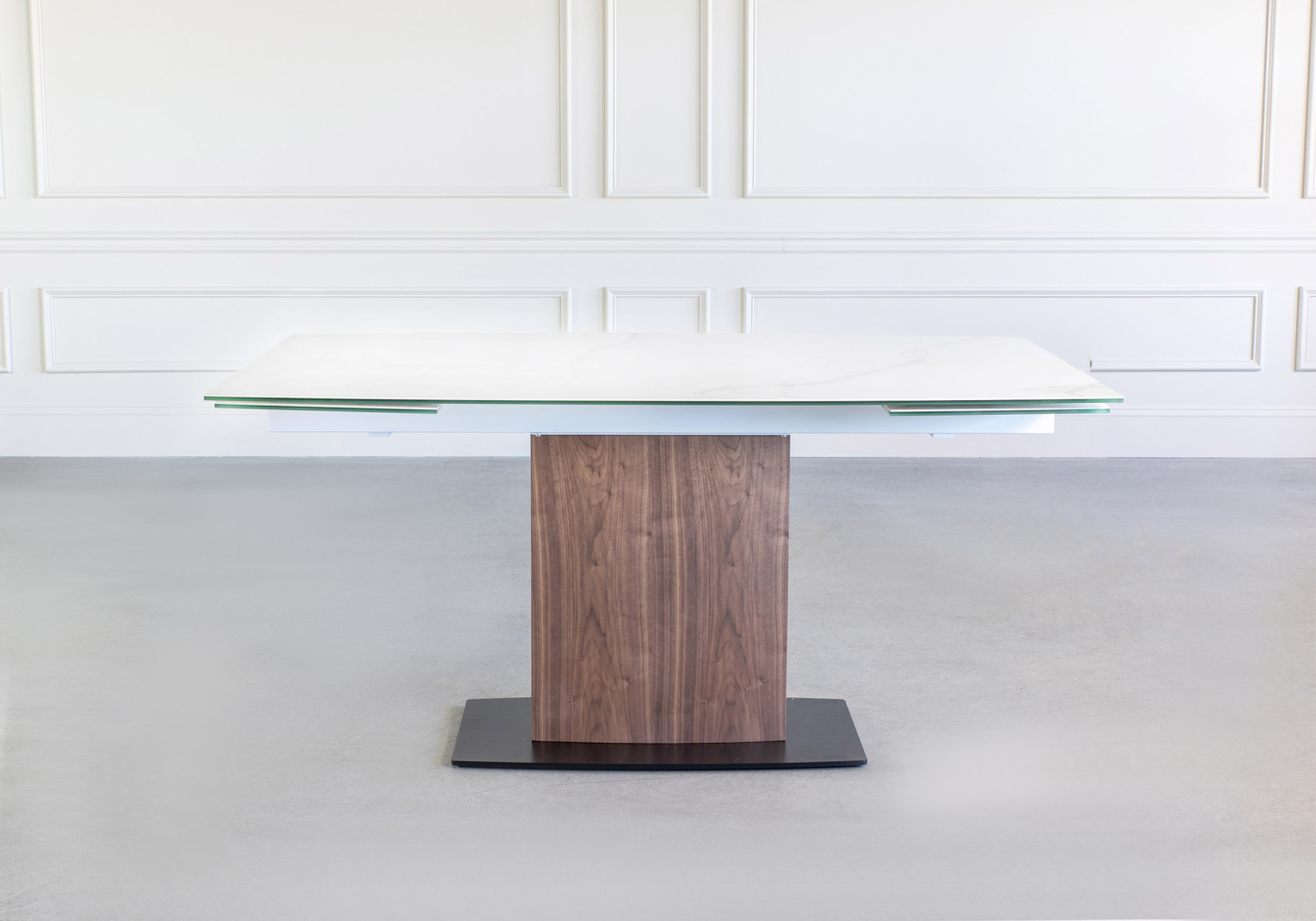 Orca Dining Table White Ceramic Walnut Front