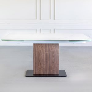 Orca Dining Table in White Ceramic, Walnut, Front
