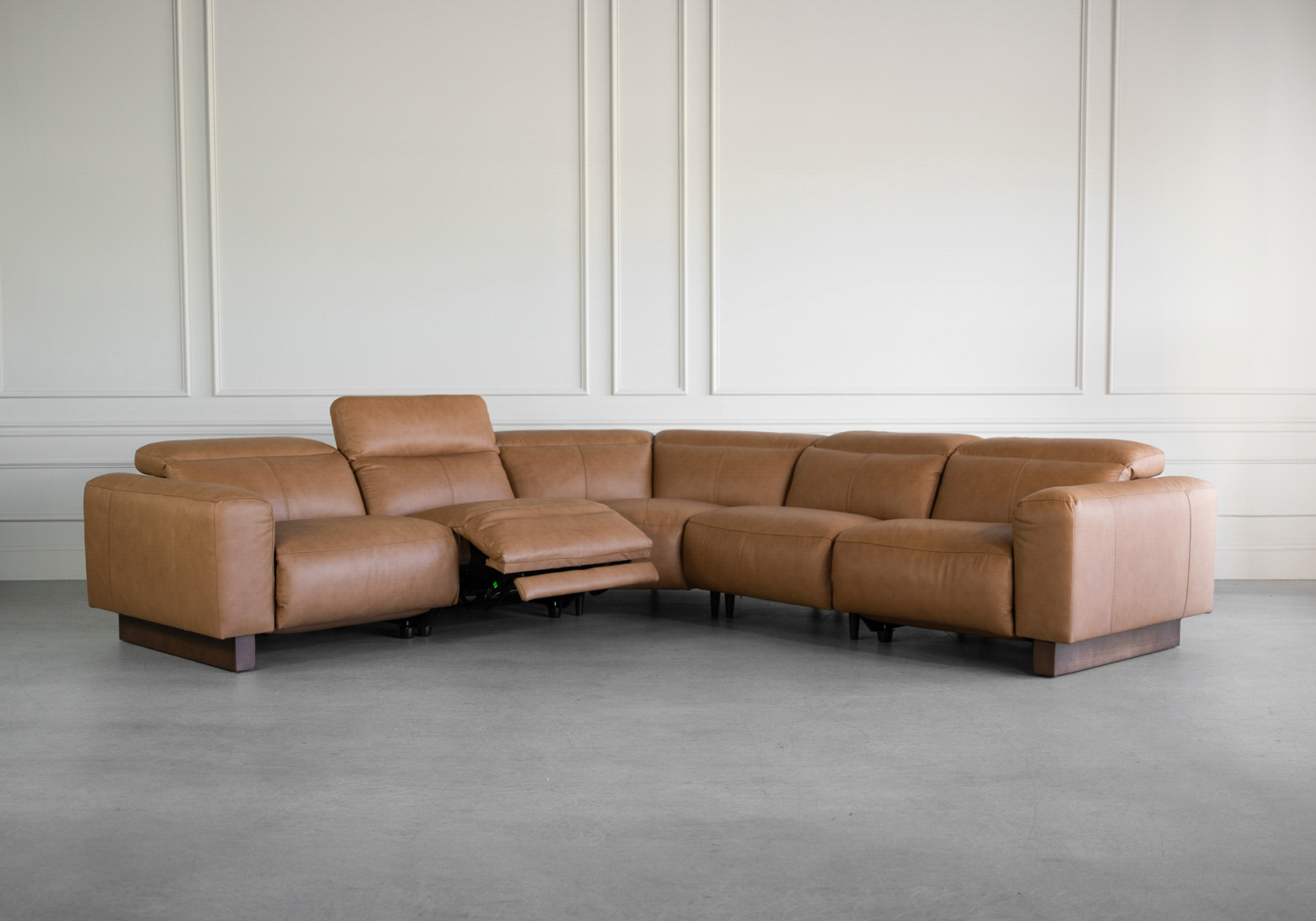 Wendy Leather Power Reclining Sectional Sofa with One Recliner Open