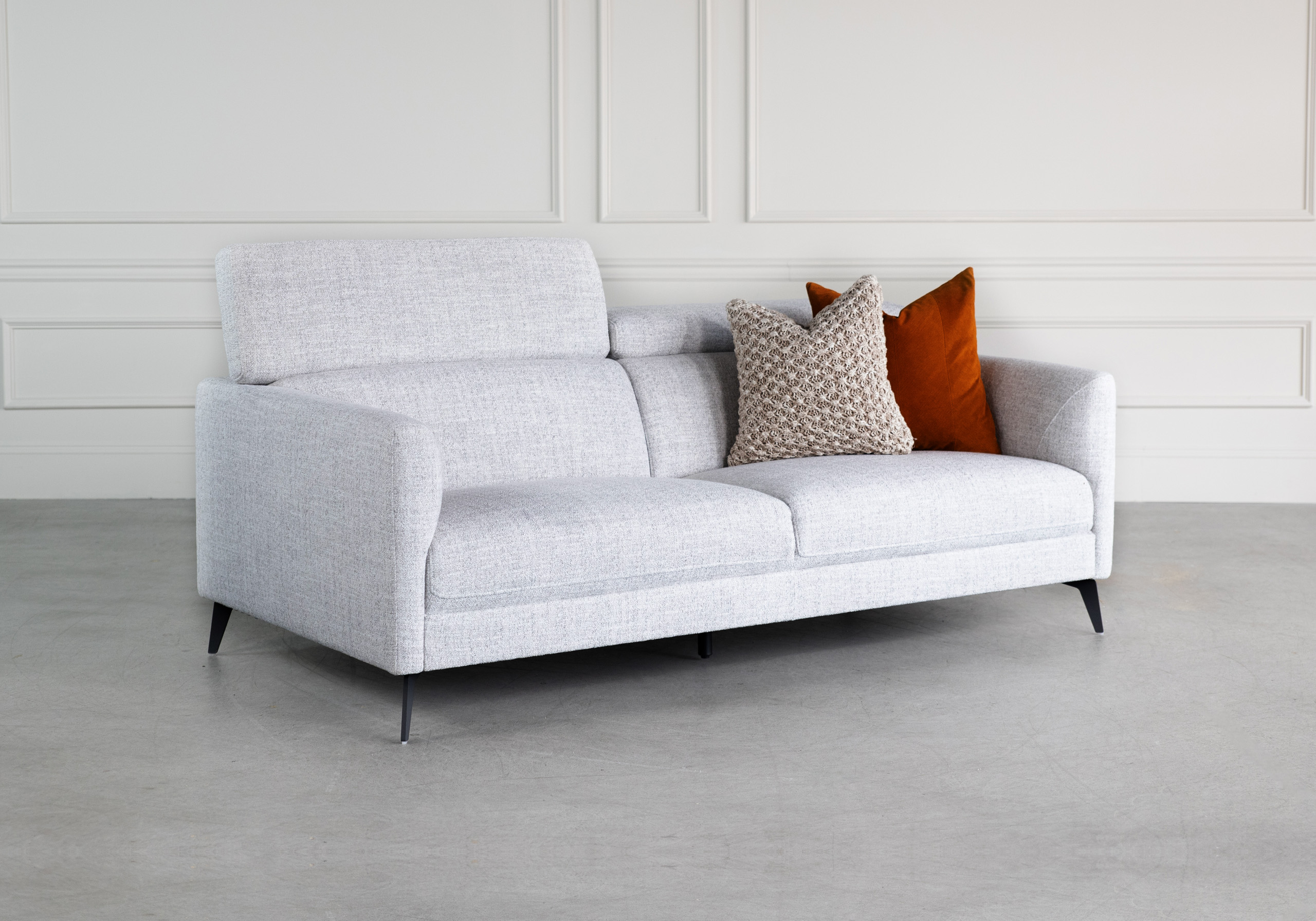Marki Sofa L.Grey A303 Angle Headrest Up - Styled Photo Marki Sofa L.Grey A303 Angle Headrest Up - Styled Photo