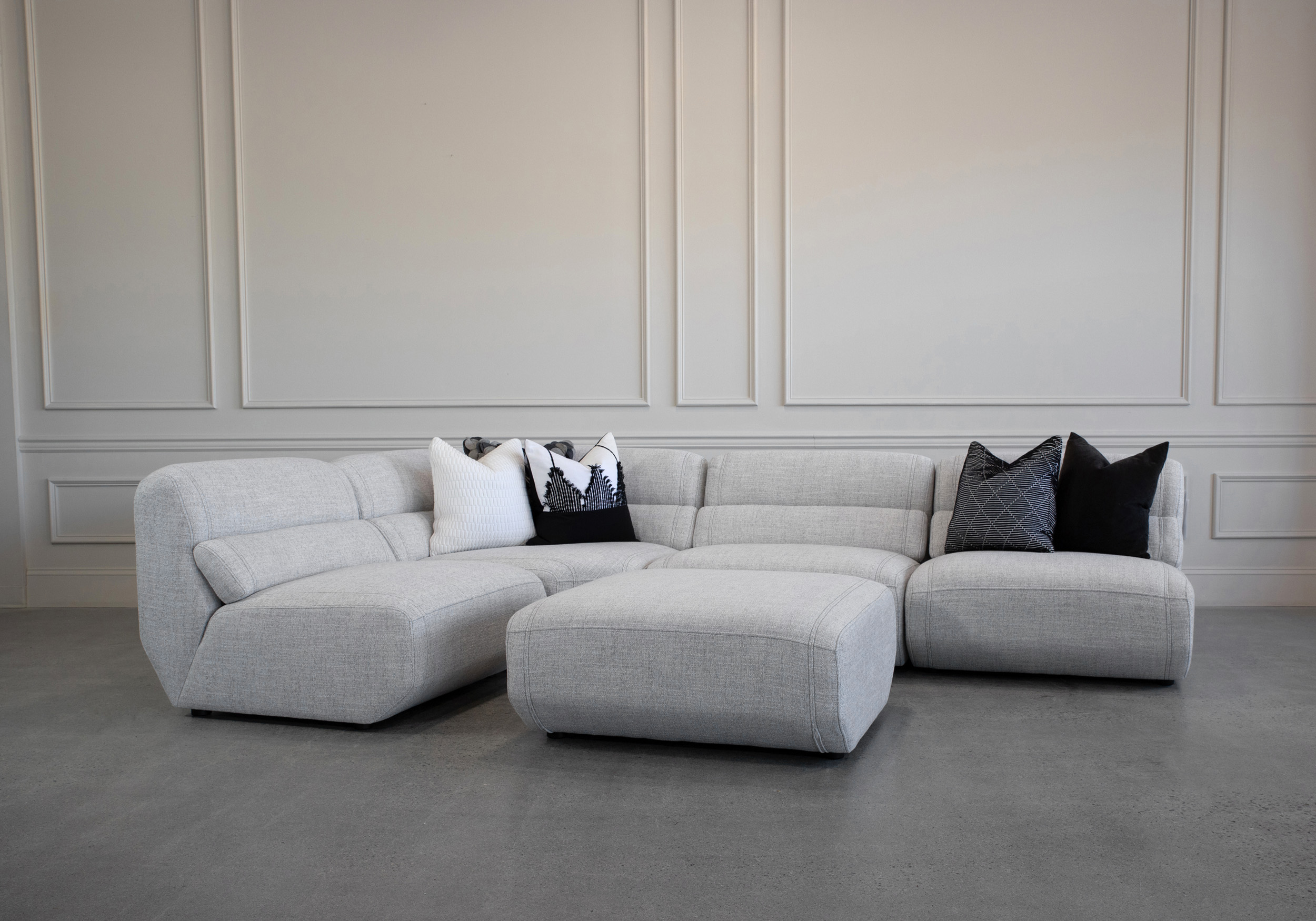 Barcelona Sectional Angle Ottoman A303 Light Grey - Styled Photo