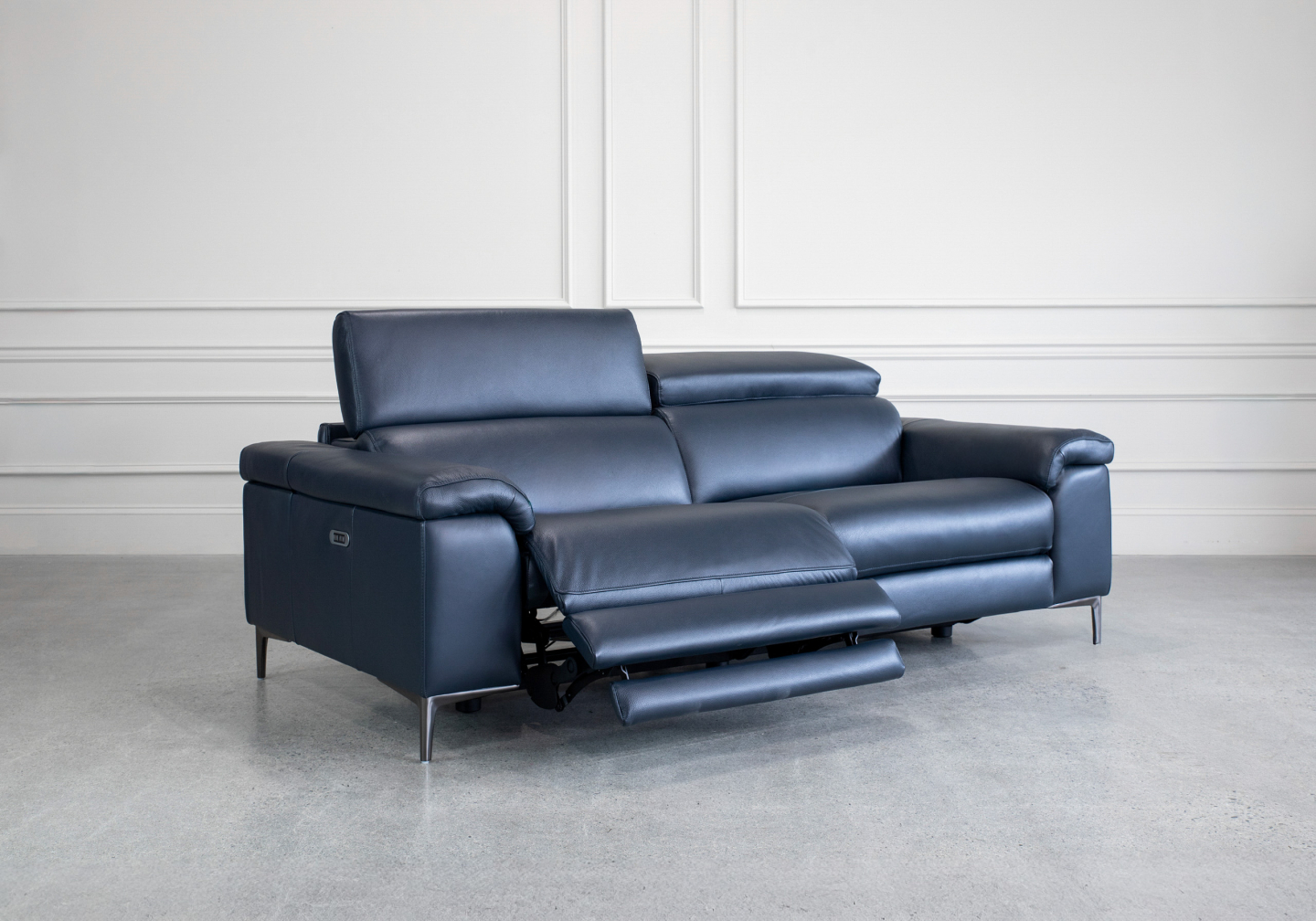 Stockholm Power Midnight Leather Sofa - Angle Recline