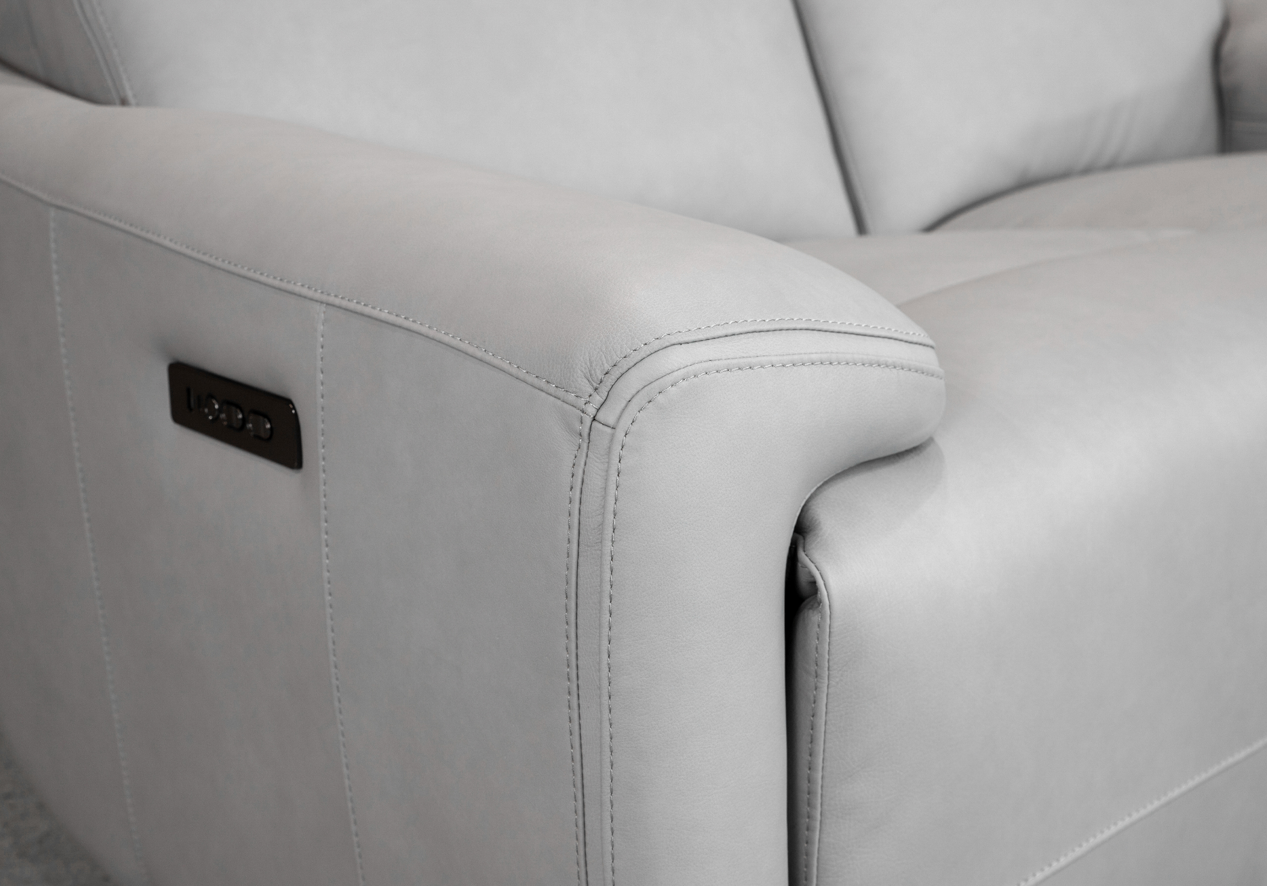 Derby Power Leather Loveseat in Light Grey - Close Up Derby Power Leather Loveseat in Light Grey - Close Up