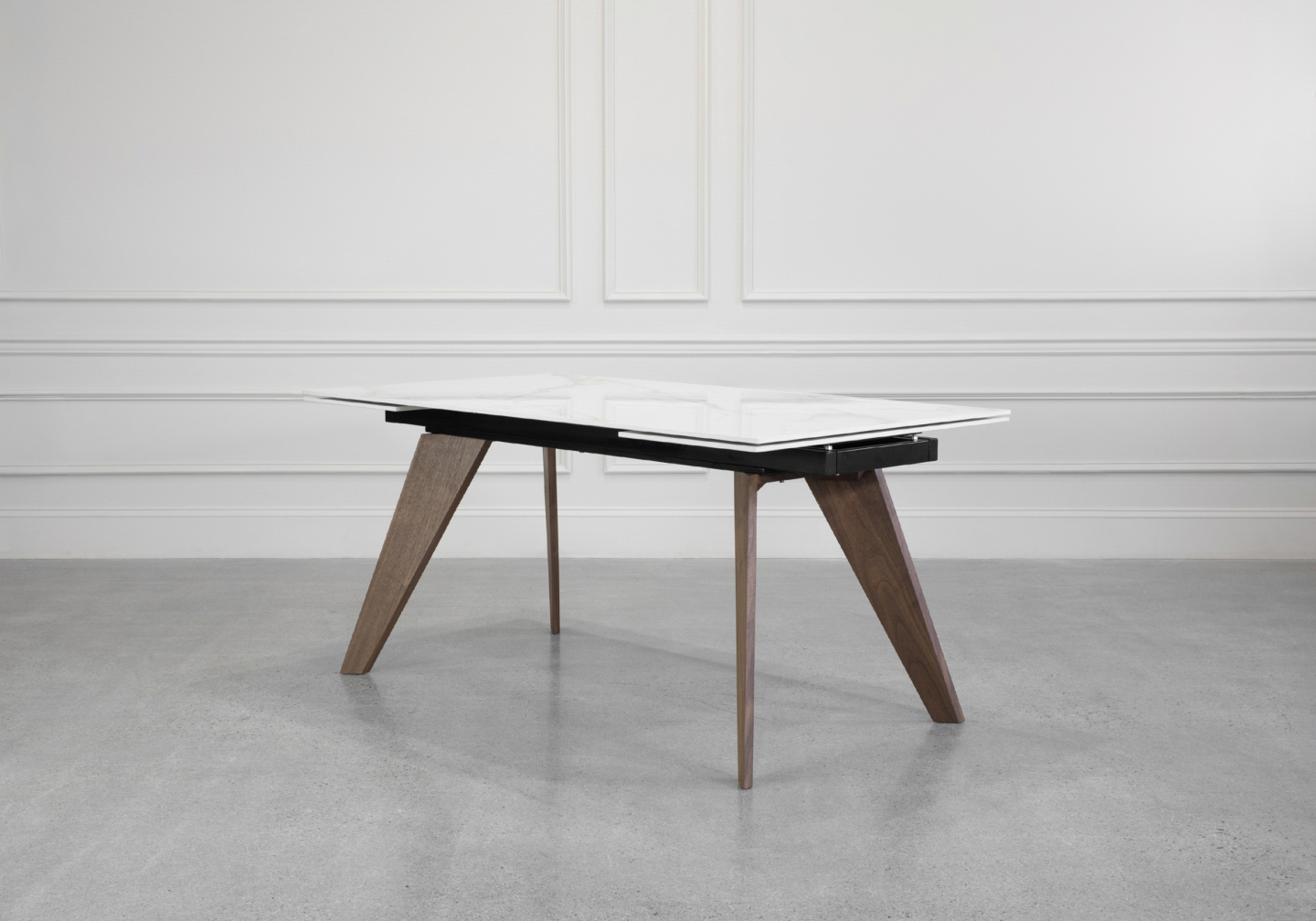Albert White Ceramic Dining Table with Walnut Legs - Angle