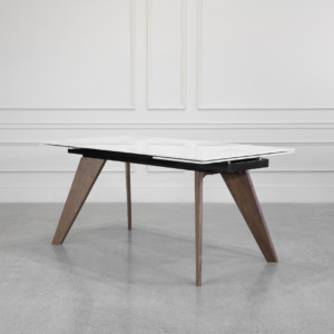 Albert White Ceramic Dining Table with Walnut Legs - Angle Albert White Ceramic Dining Table with Walnut Legs - Angle