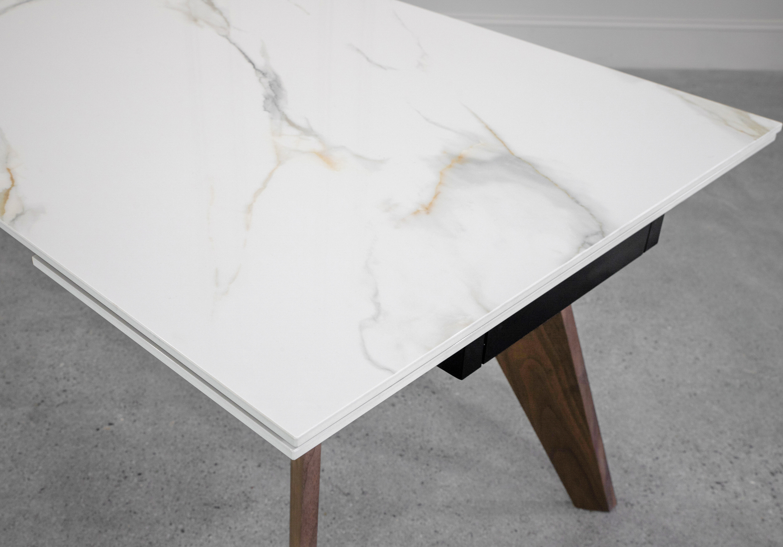 Albert White Ceramic Dining Table with Walnut Legs - Close Up