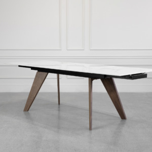 Albert White Ceramic Dining Table with Walnut Legs - Ext. Angle Albert White Ceramic Dining Table with Walnut Legs - Ext. Angle