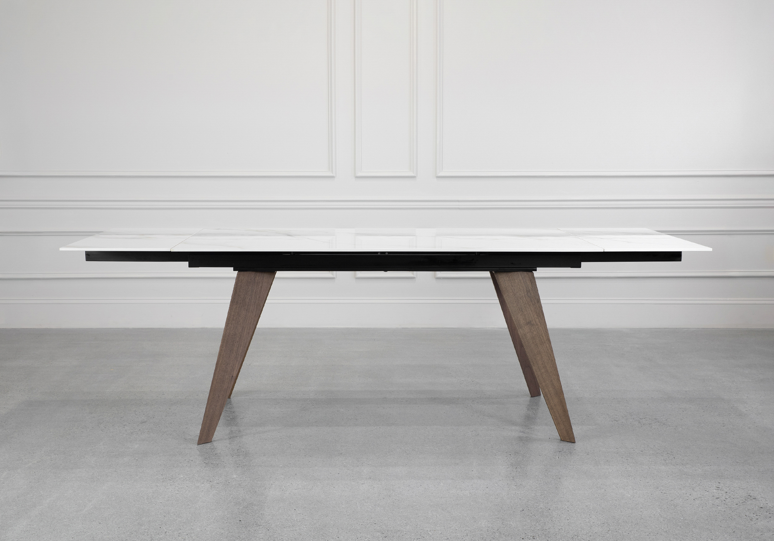 Albert White Ceramic Dining Table with Walnut Legs - Ext. Front