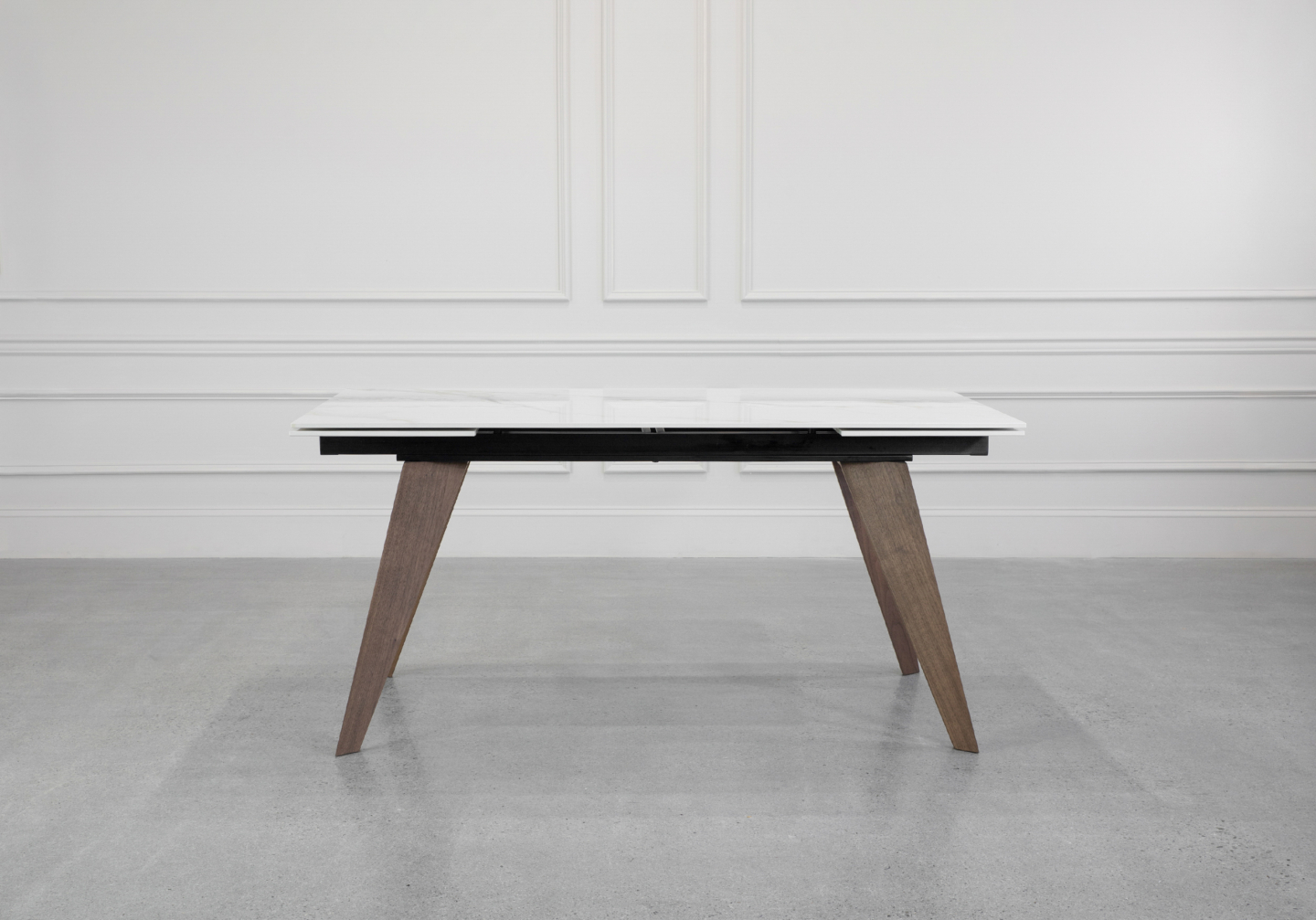 Albert White Ceramic Dining Table with Walnut Legs - Front