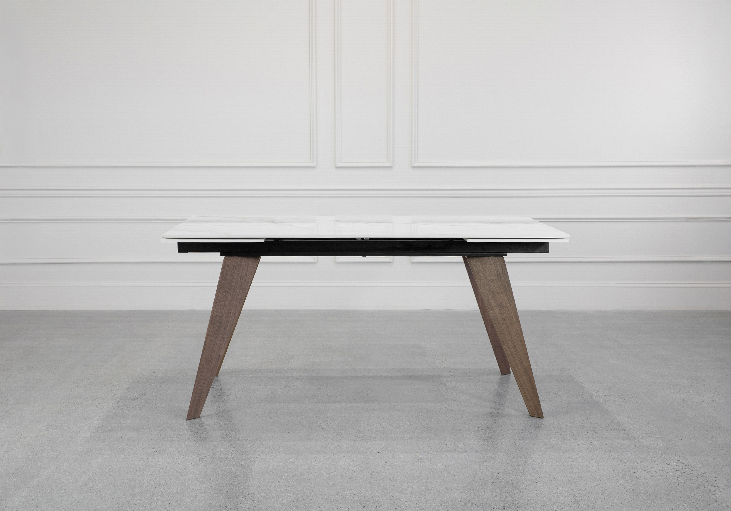Albert White Ceramic Dining Table with Walnut Legs - Front