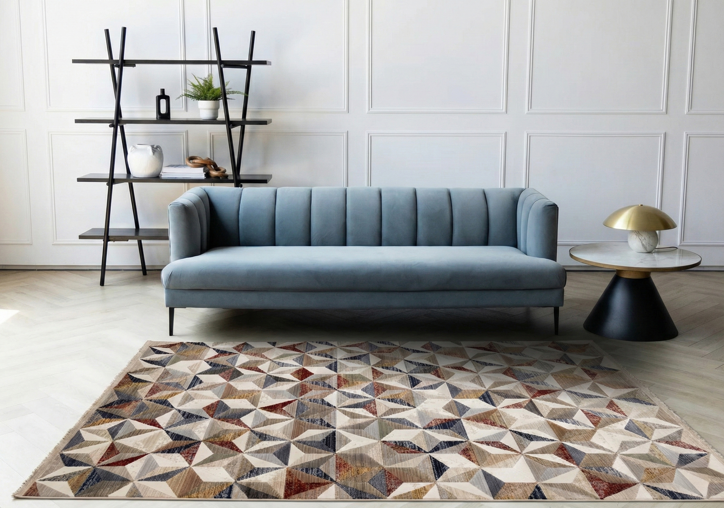 Samira F044 Rug with Blue Sofa Samira F044 Rug with Blue Sofa