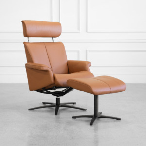 Sterling Leather Recliner in Cognac - Angle - Headrest Sterling Leather Recliner in Cognac - Angle - Headrest