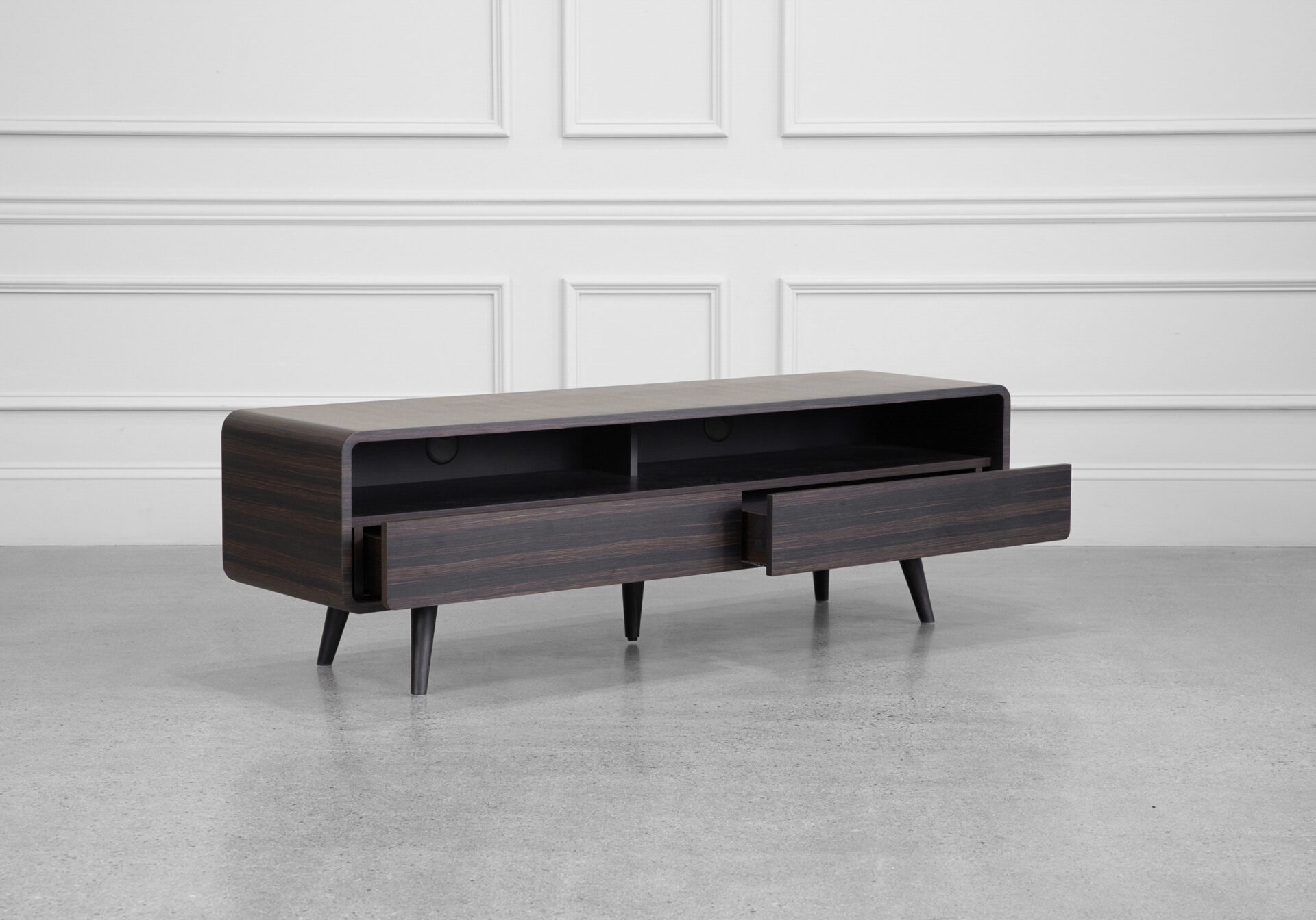 Kodiak Tv Stand in Smoked Oak - Angle - Drawers